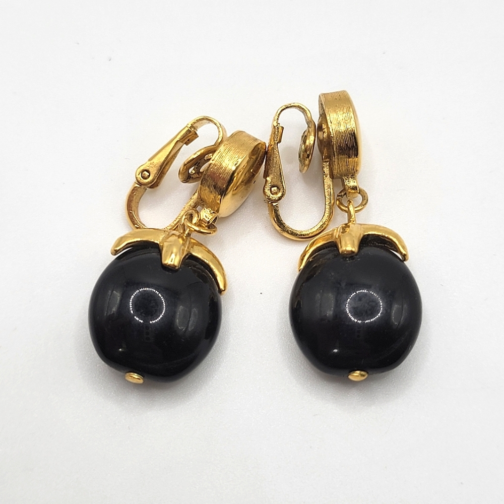 VTG "Crown" Trifari Earrings | Gold Tone & Black Lucite | SIGNED